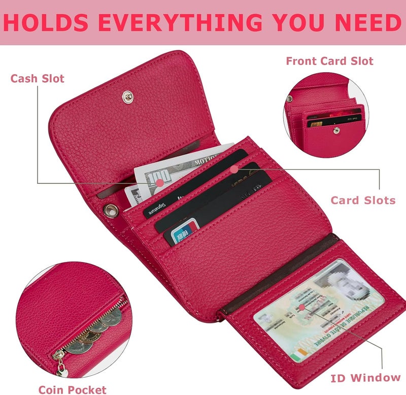Sunpour Women Small Wallet RFID Blocking Slim Wallet with Coin Pocket Tri-Fold Credit Card Holder with ID Window and Keychain (Red) - Image 4